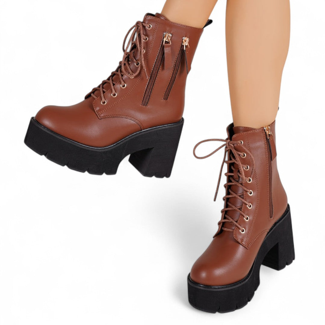 Women’s Ankle Boots – Round Toe Design with Chunky Heel, Lace Up Front and Side Zip Closure