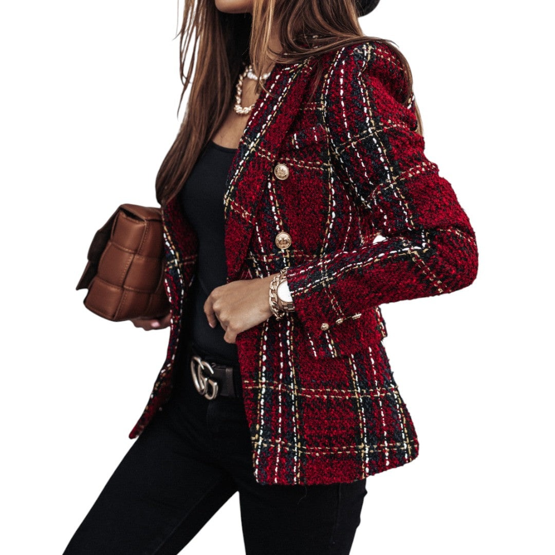Women’s Checked Blazer – Longline Design, Button Closure, Structured Fit