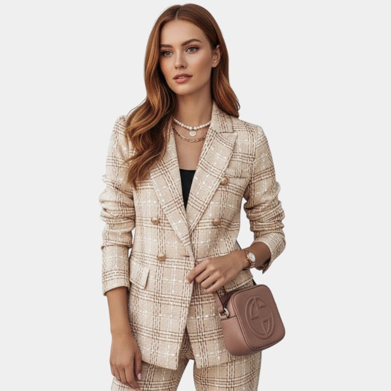 Women’s Checked Blazer – Longline Design, Button Closure, Structured Fit