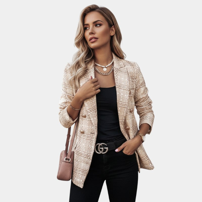 Women’s Checked Blazer – Longline Design, Button Closure, Structured Fit