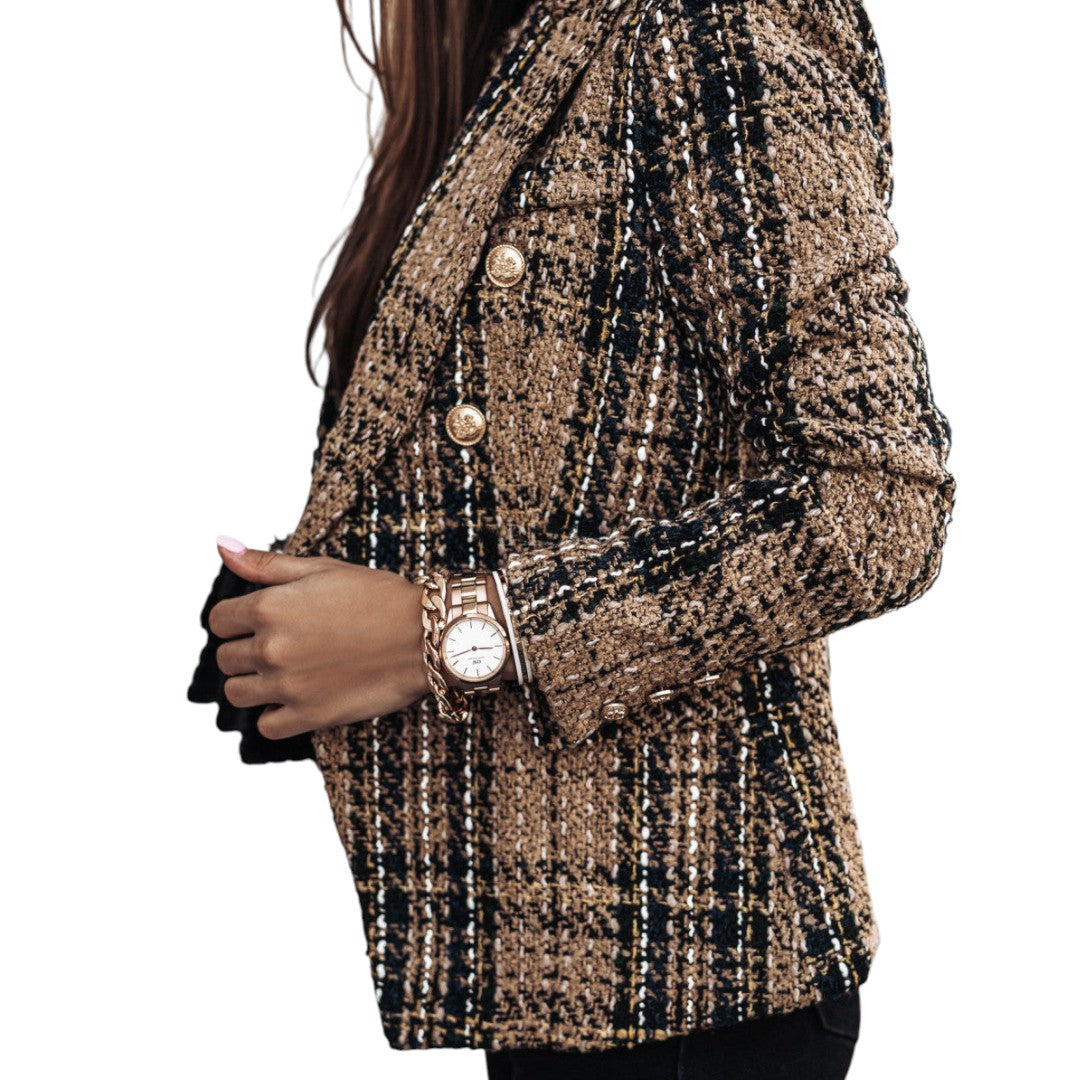 Women’s Checked Blazer – Longline Design, Button Closure, Structured Fit