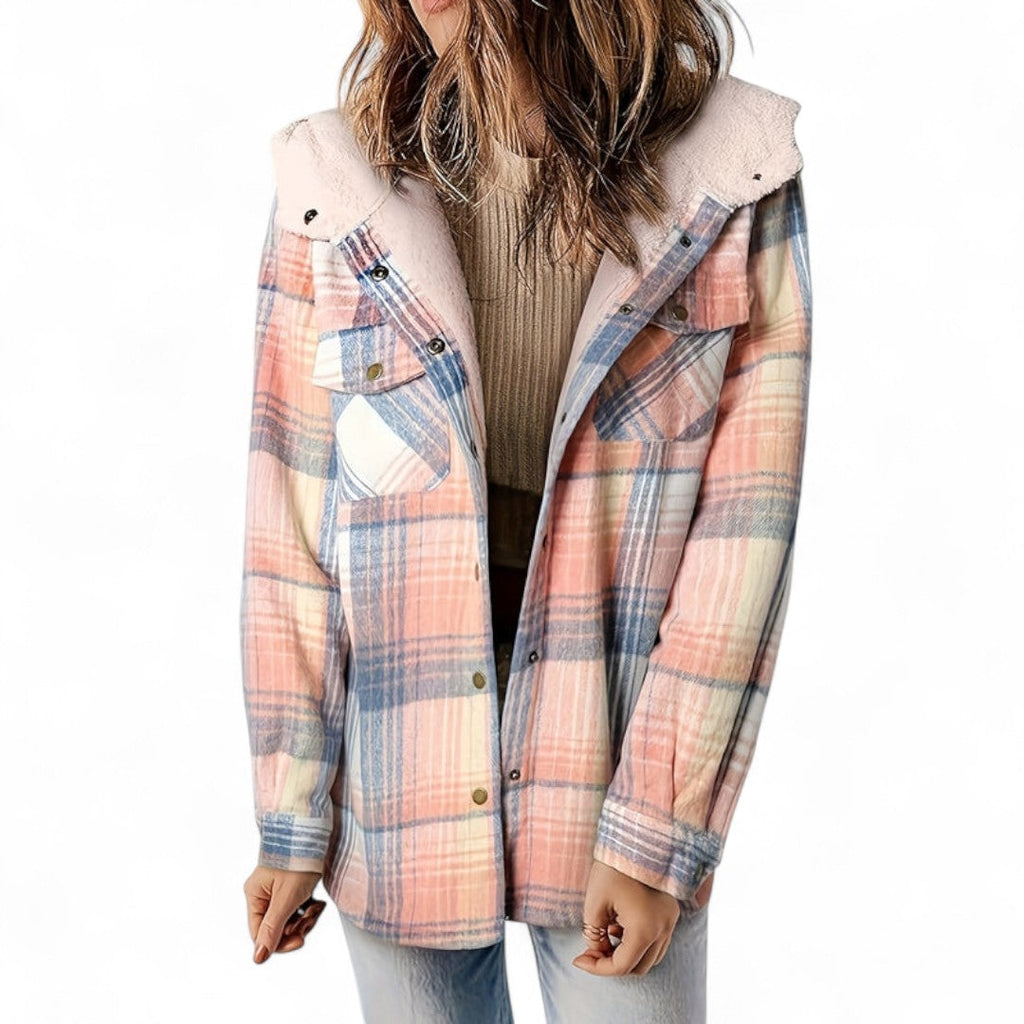 Women’s Checked Hooded Jacket – Long Sleeves, Snap Button Front, Flap Pockets