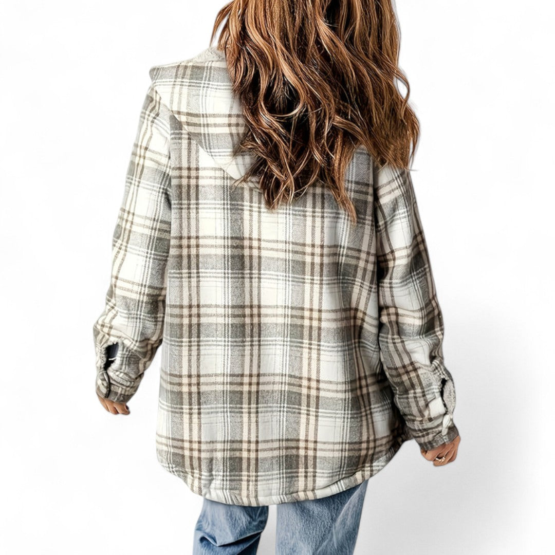 Women’s Checked Hooded Jacket – Long Sleeves, Snap Button Front, Flap Pockets