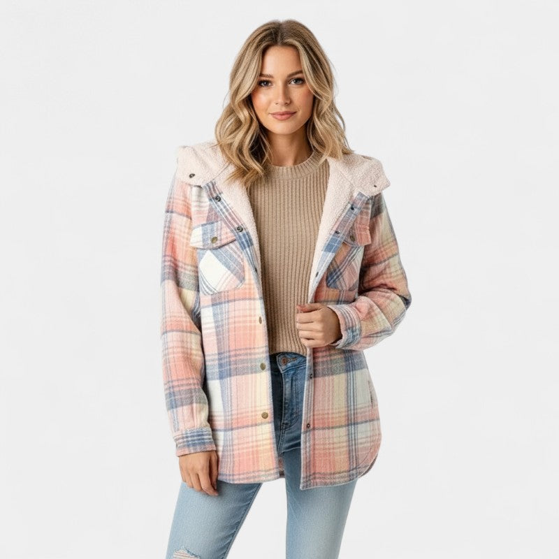 Women’s Checked Hooded Jacket – Long Sleeves, Snap Button Front, Flap Pockets