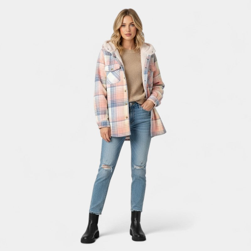 Women’s Checked Hooded Jacket – Long Sleeves, Snap Button Front, Flap Pockets