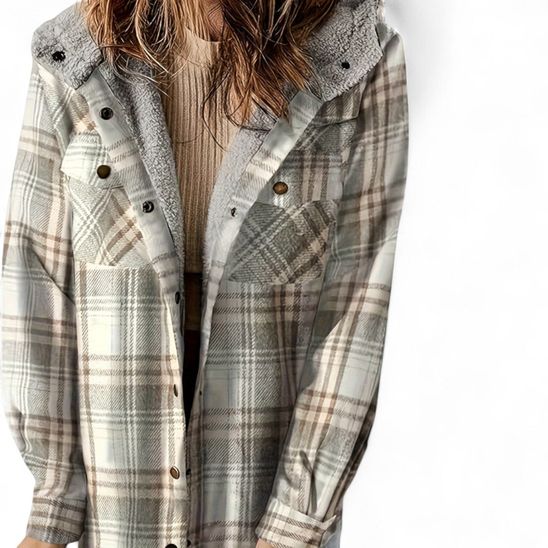Women’s Checked Hooded Jacket – Long Sleeves, Snap Button Front, Flap Pockets