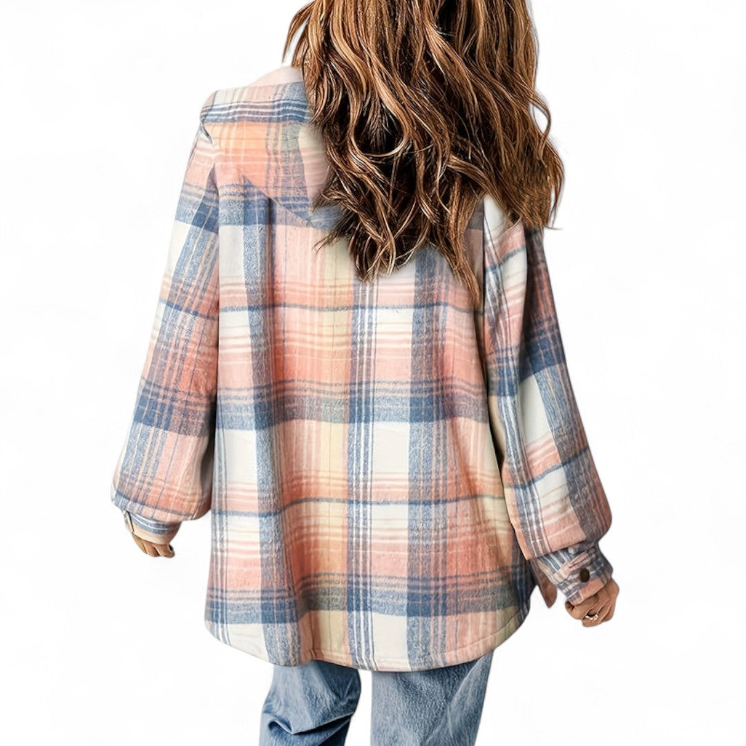 Women’s Checked Hooded Jacket – Long Sleeves, Snap Button Front, Flap Pockets