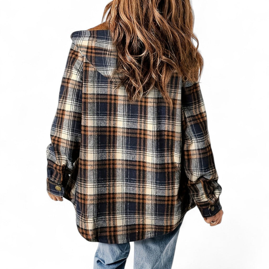 Women’s Checked Hooded Jacket – Long Sleeves, Snap Button Front, Flap Pockets
