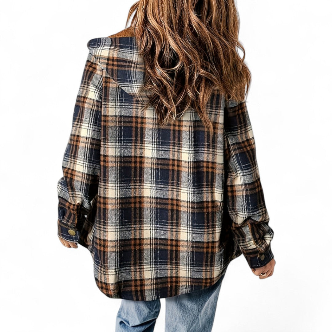 Women’s Checked Hooded Jacket – Long Sleeves, Snap Button Front, Flap Pockets