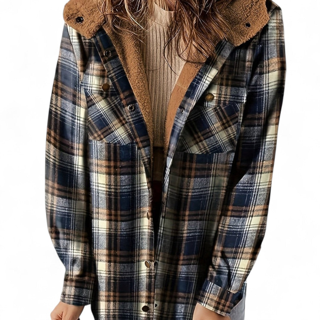 Women’s Checked Hooded Jacket – Long Sleeves, Snap Button Front, Flap Pockets