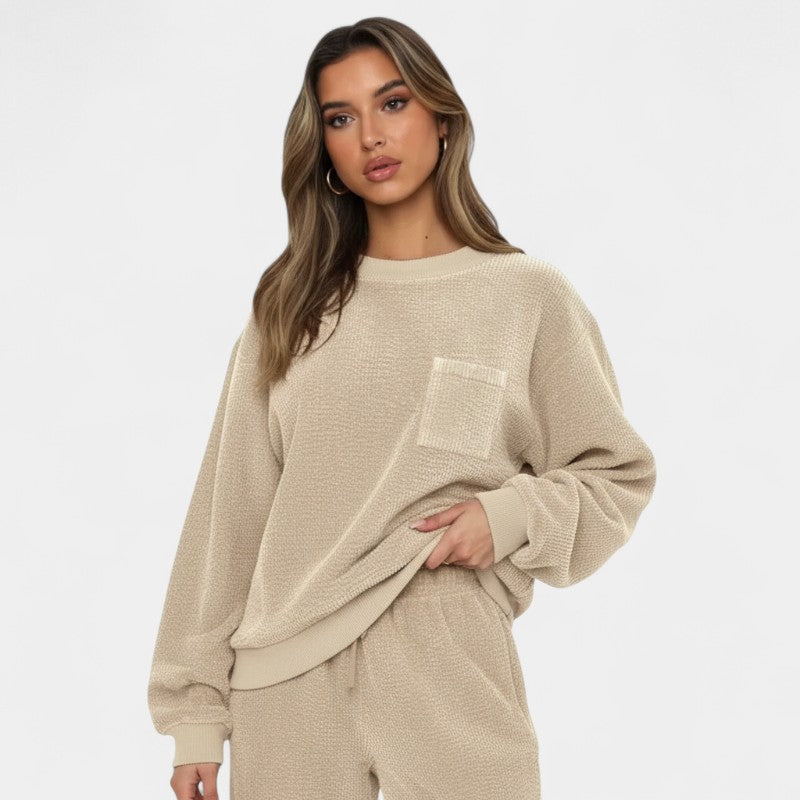 Women’s Corduroy Two Piece Set – Long Sleeve Top with Pocket, Drawstring Waist Trousers