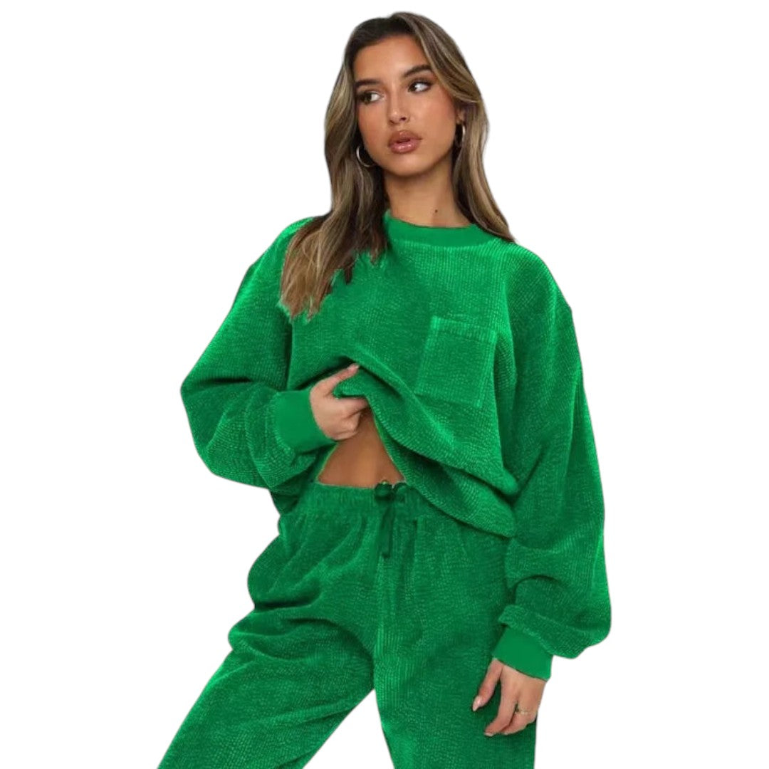 Women’s Corduroy Two Piece Set – Long Sleeve Top with Pocket, Drawstring Waist Trousers