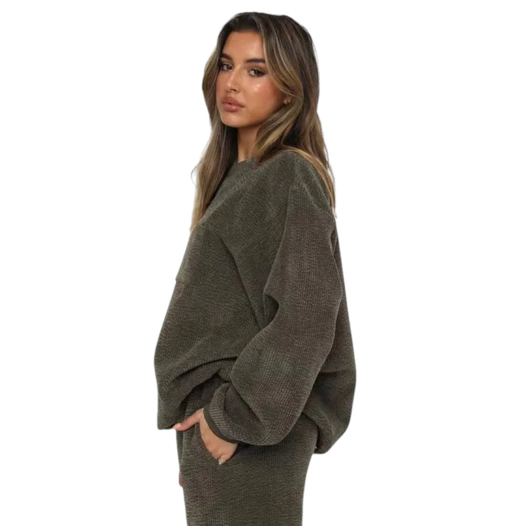 Women’s Corduroy Two Piece Set – Long Sleeve Top with Pocket, Drawstring Waist Trousers