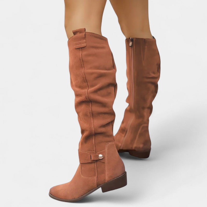 Women’s High Slouchy Boots – Low Heel, Textured Finish