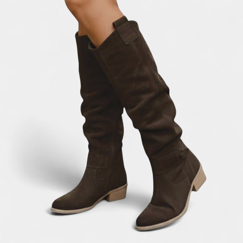 Women’s High Slouchy Boots – Low Heel, Textured Finish