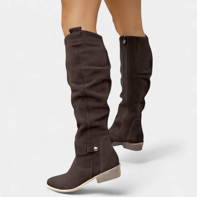 Women’s High Slouchy Boots – Low Heel, Textured Finish