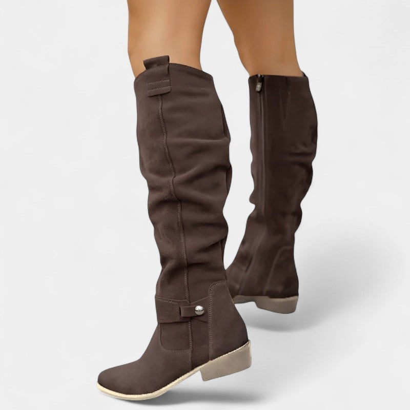 Women’s High Slouchy Boots – Low Heel, Textured Finish
