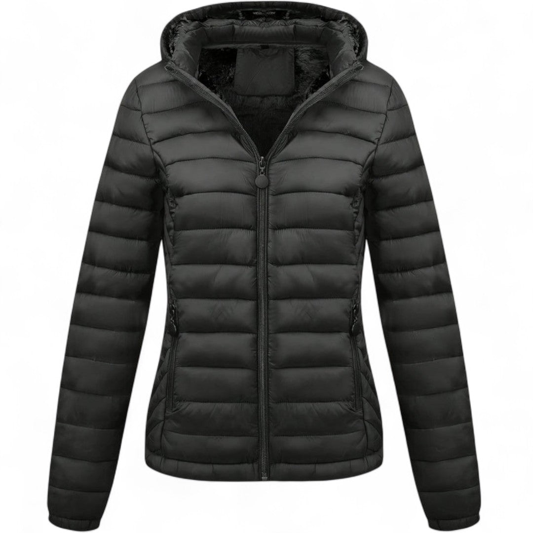 Women’s Hooded Puffer Jacket – Long Sleeves, Zip Front, Padded Design with Pockets