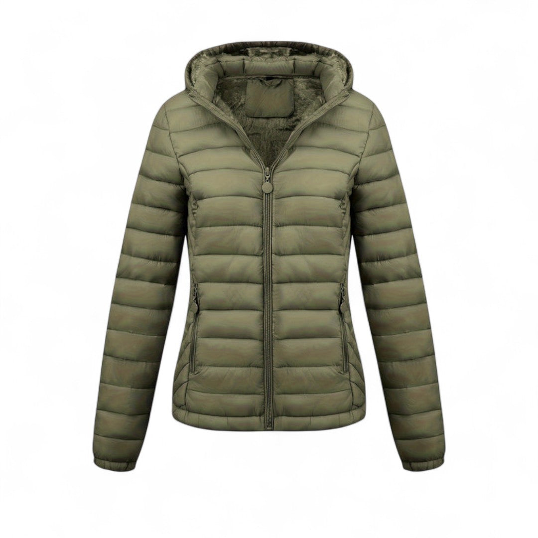 Women’s Hooded Puffer Jacket – Long Sleeves, Zip Front, Padded Design with Pockets