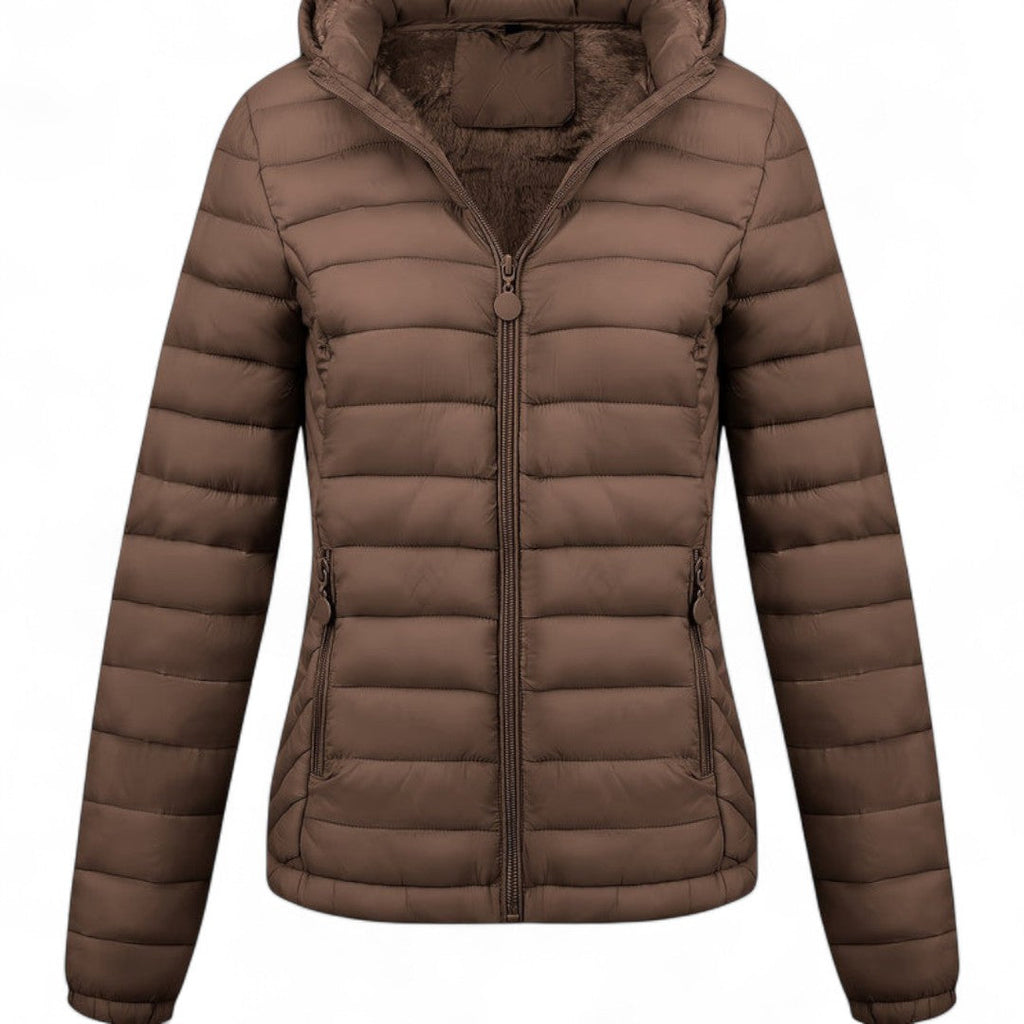 Women’s Hooded Puffer Jacket – Long Sleeves, Zip Front, Padded Design with Pockets