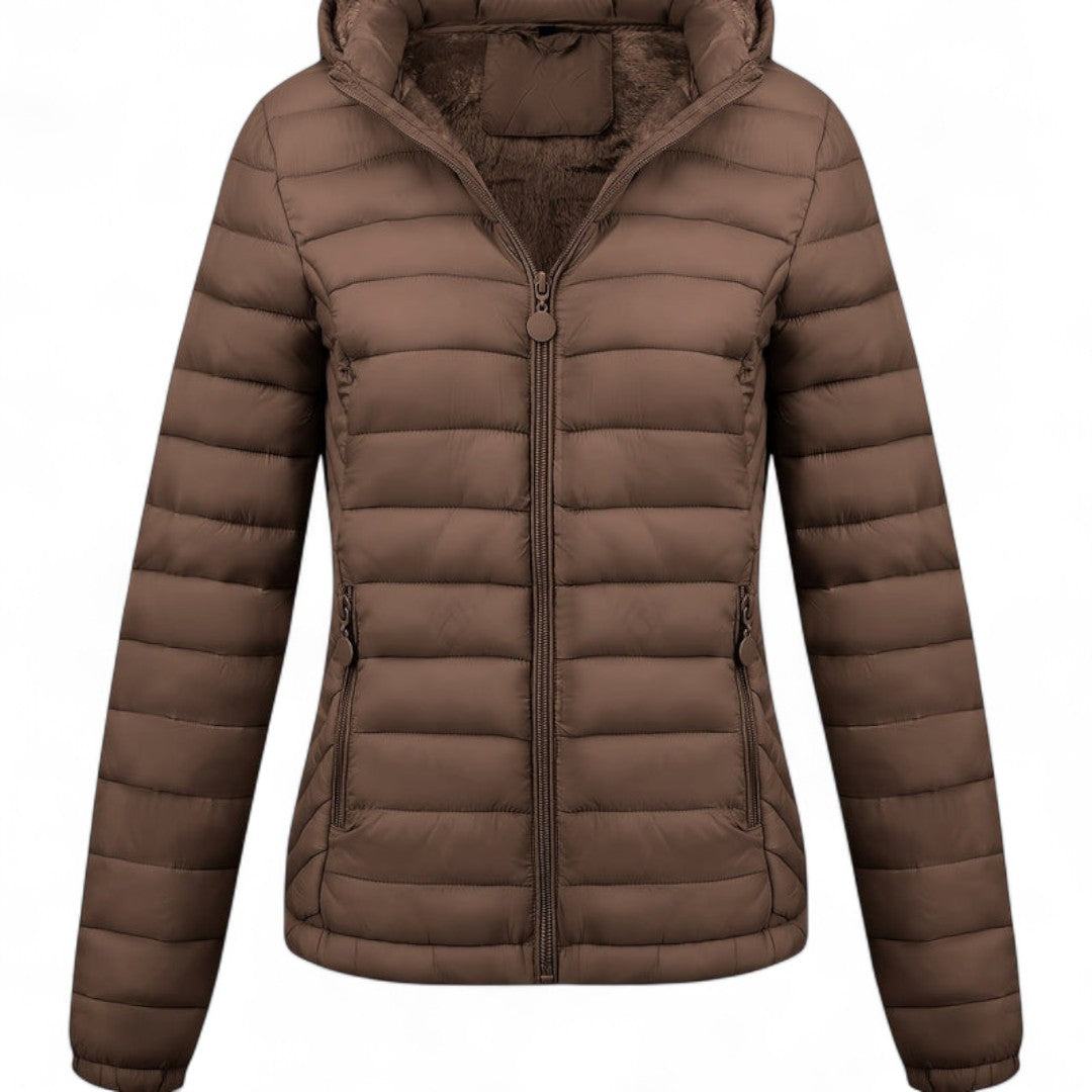 Women’s Hooded Puffer Jacket – Long Sleeves, Zip Front, Padded Design with Pockets