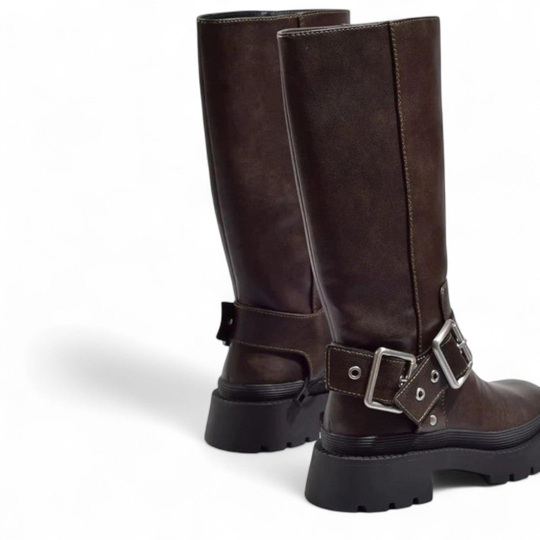 Women’s Knee High Boots – Round Toe, Side Buckle Strap