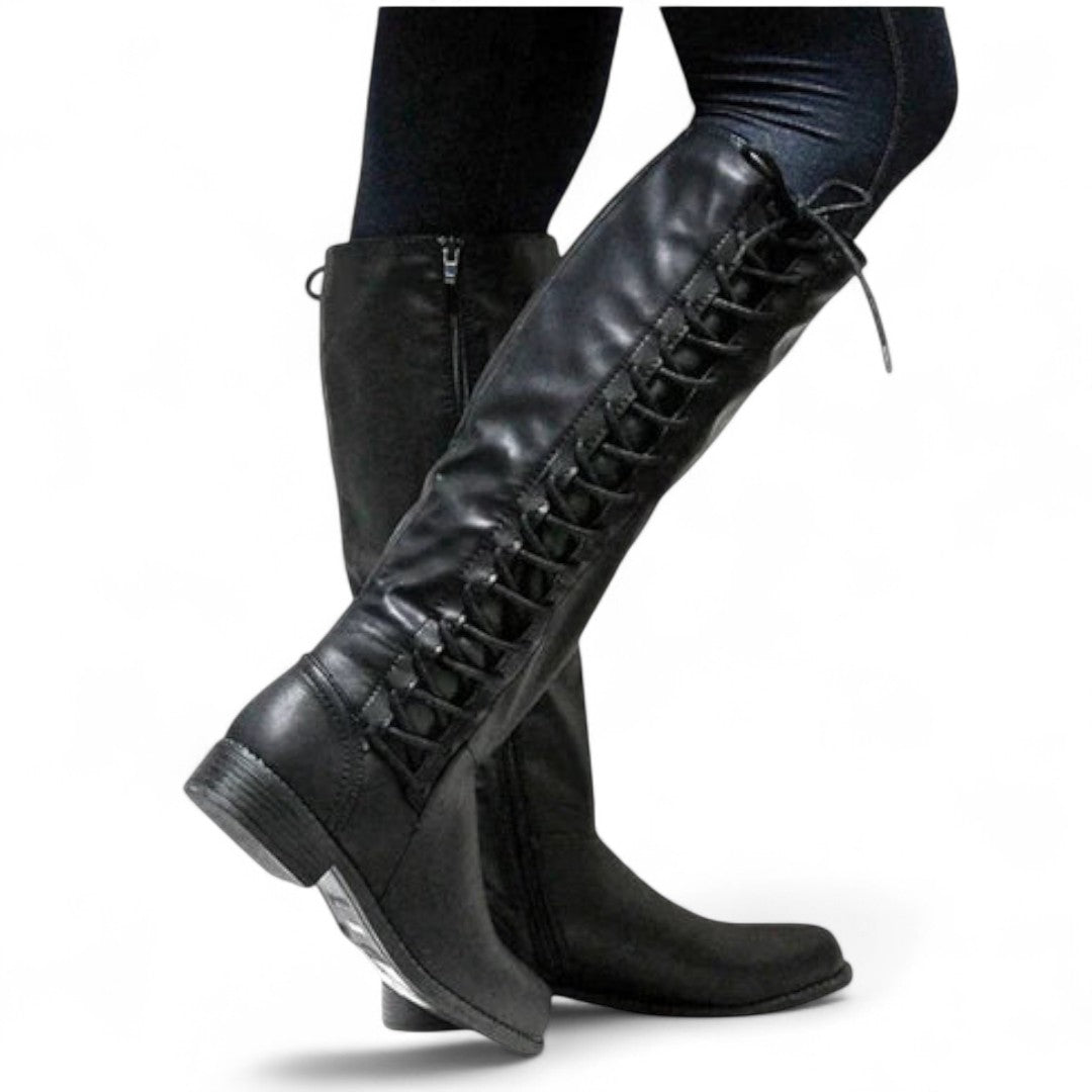 Women's Knee-High Boots - Side Lace-Up with Inner Zip and Low Heel