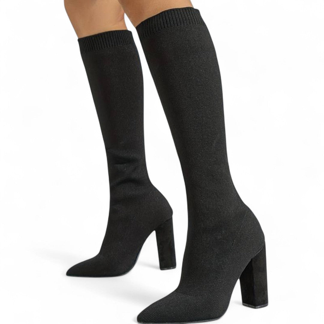 Women’s Knee High Boots – Sock Fit Design, Pointed Toe, High Block Heel