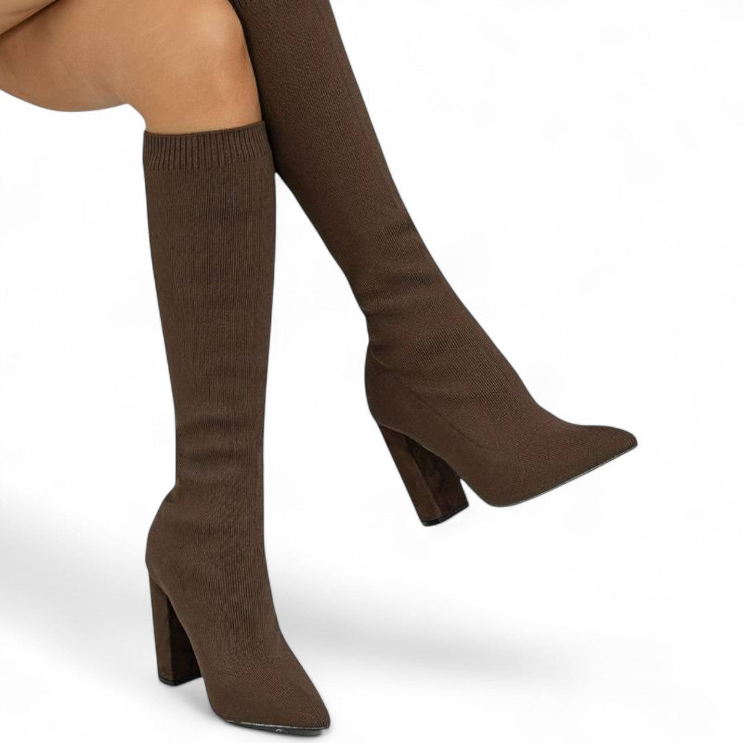 Women’s Knee High Boots – Sock Fit Design, Pointed Toe, High Block Heel