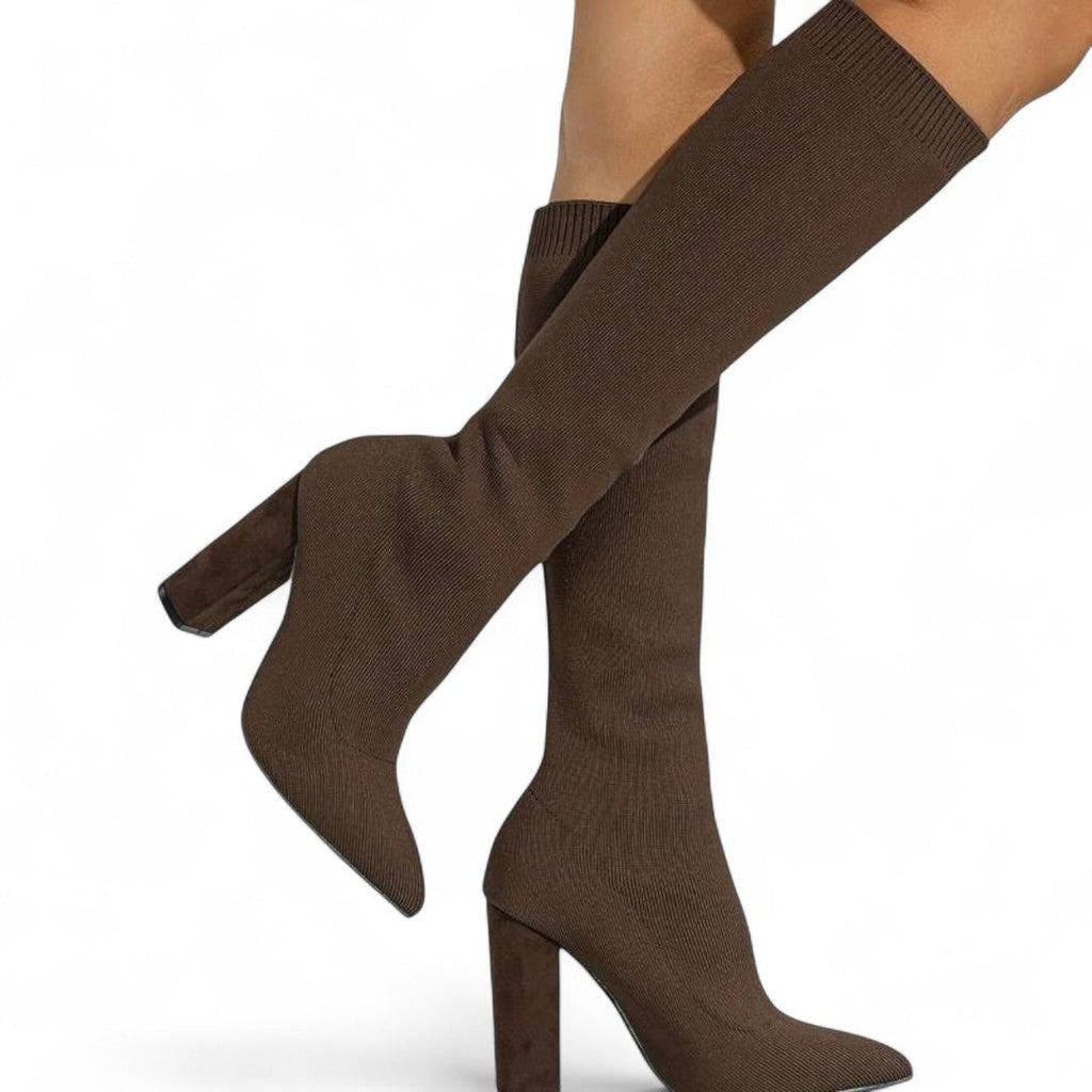 Women’s Knee High Boots – Sock Fit Design, Pointed Toe, High Block Heel