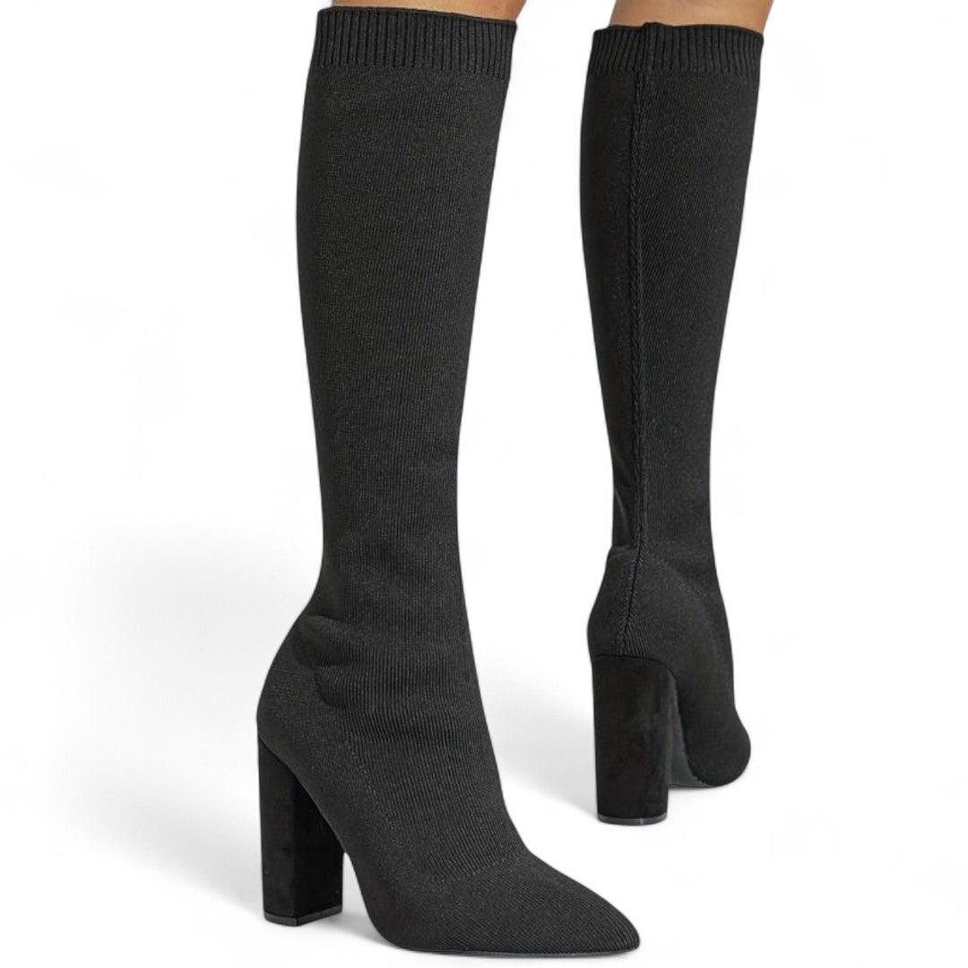 Women’s Knee High Boots – Sock Fit Design, Pointed Toe, High Block Heel