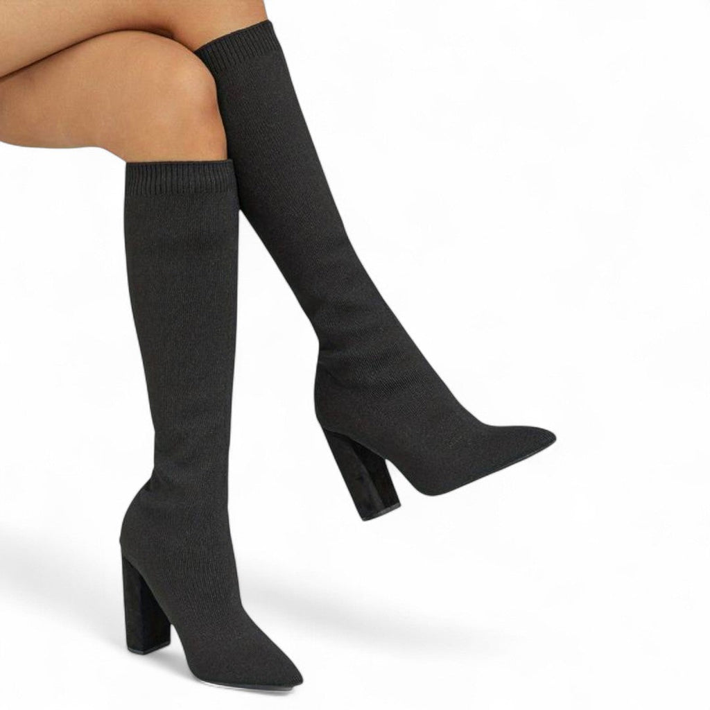 Women’s Knee High Boots – Sock Fit Design, Pointed Toe, High Block Heel