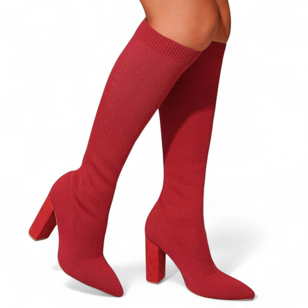 Women’s Knee High Boots – Sock Fit Design, Pointed Toe, High Block Heel