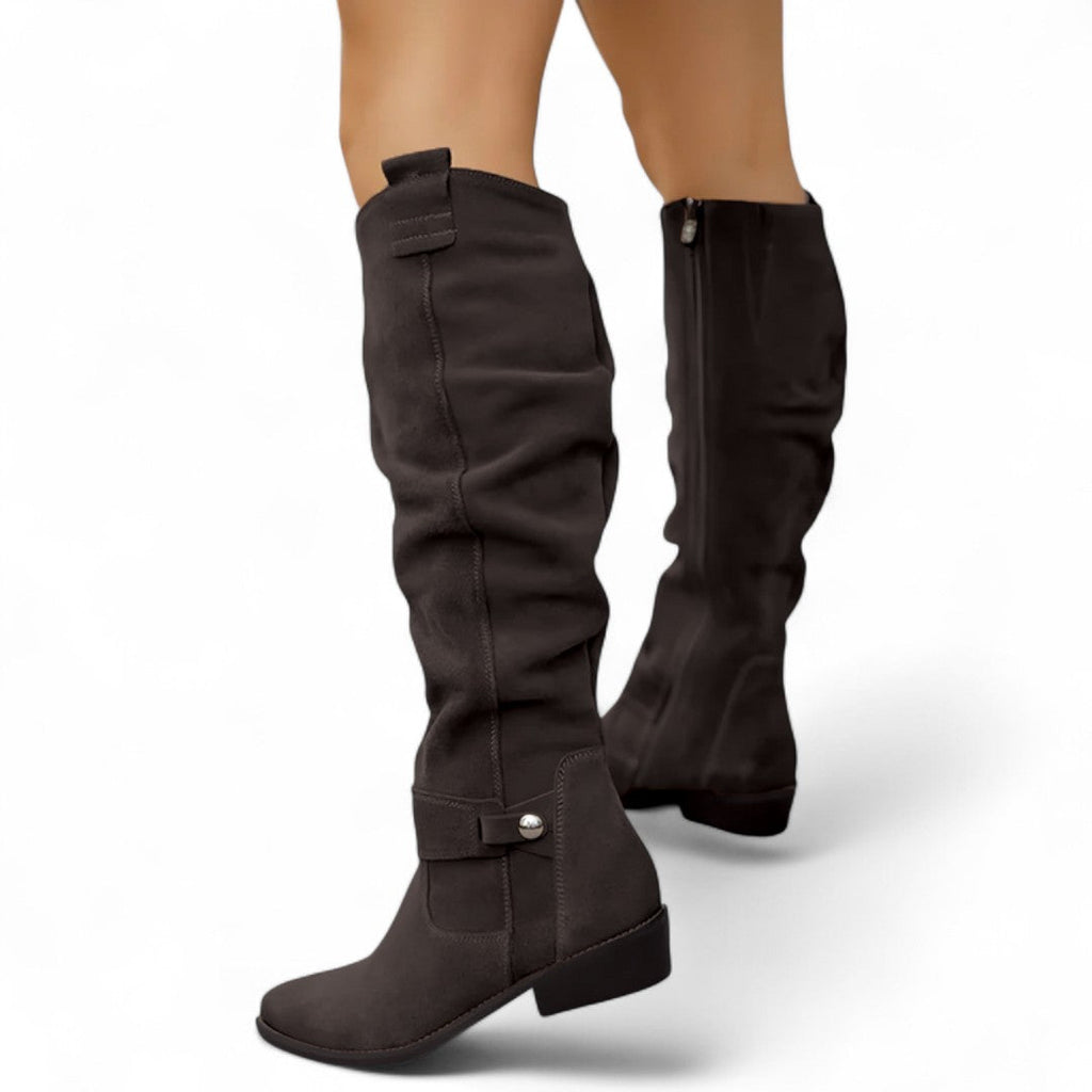 Women’s Knee High Boots – Finish, Side Zip, Low Block Heel, Strap Detail