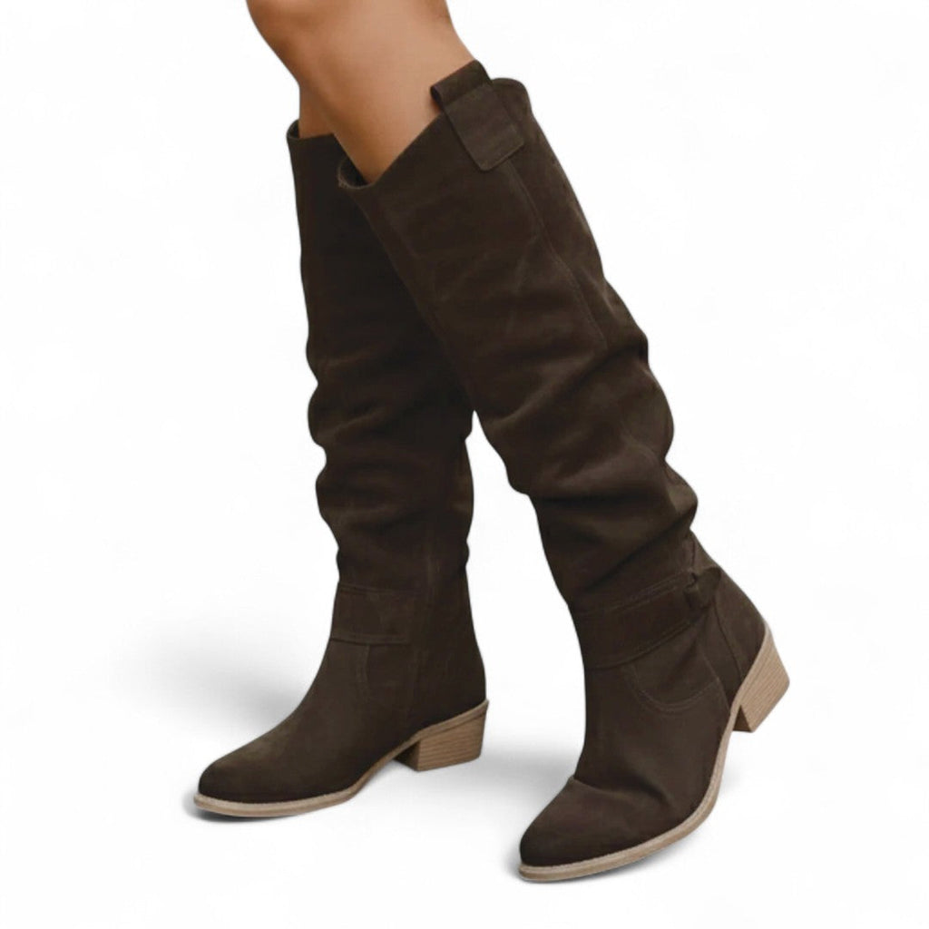 Women’s Knee High Boots – Finish, Side Zip, Low Block Heel, Strap Detail