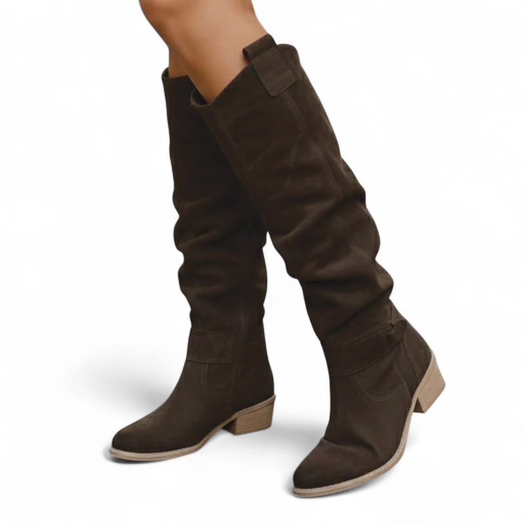 Women’s Knee High Boots – Finish, Side Zip, Low Block Heel, Strap Detail