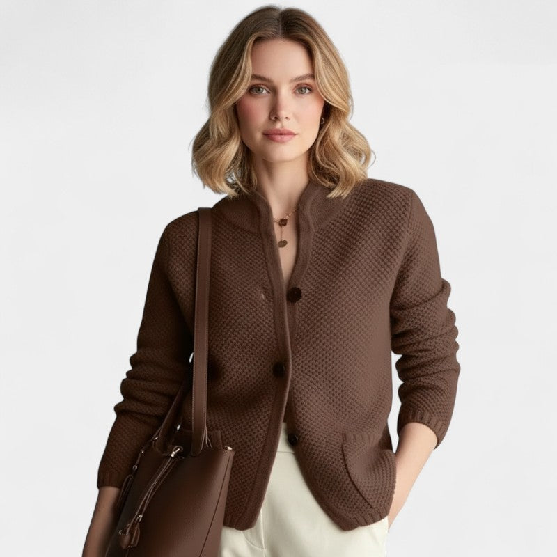 Women’s Knitted Cardigan – Button Front, Long Sleeves, Stand Collar