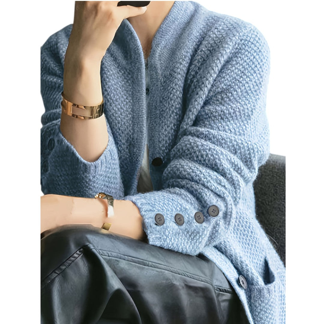 Women’s Knitted Cardigan – Button Front, Long Sleeves, Stand Collar