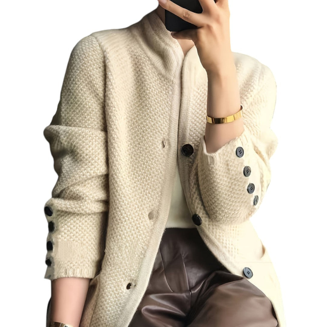 Women’s Knitted Cardigan – Button Front, Long Sleeves, Stand Collar