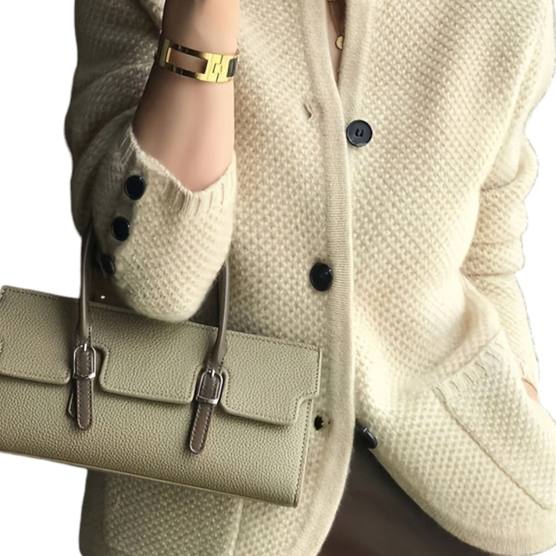 Women’s Knitted Cardigan – Button Front, Long Sleeves, Stand Collar