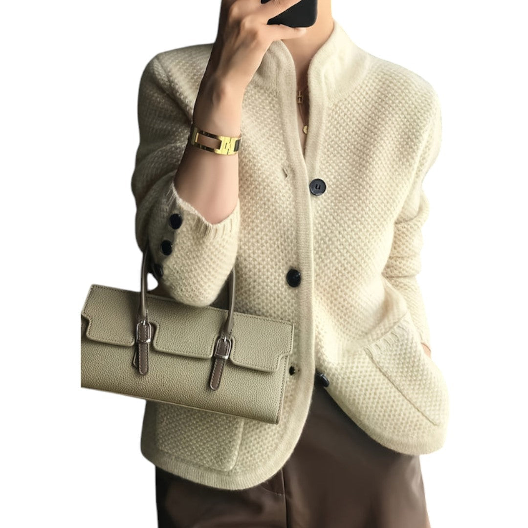 Women’s Knitted Cardigan – Button Front, Long Sleeves, Stand Collar