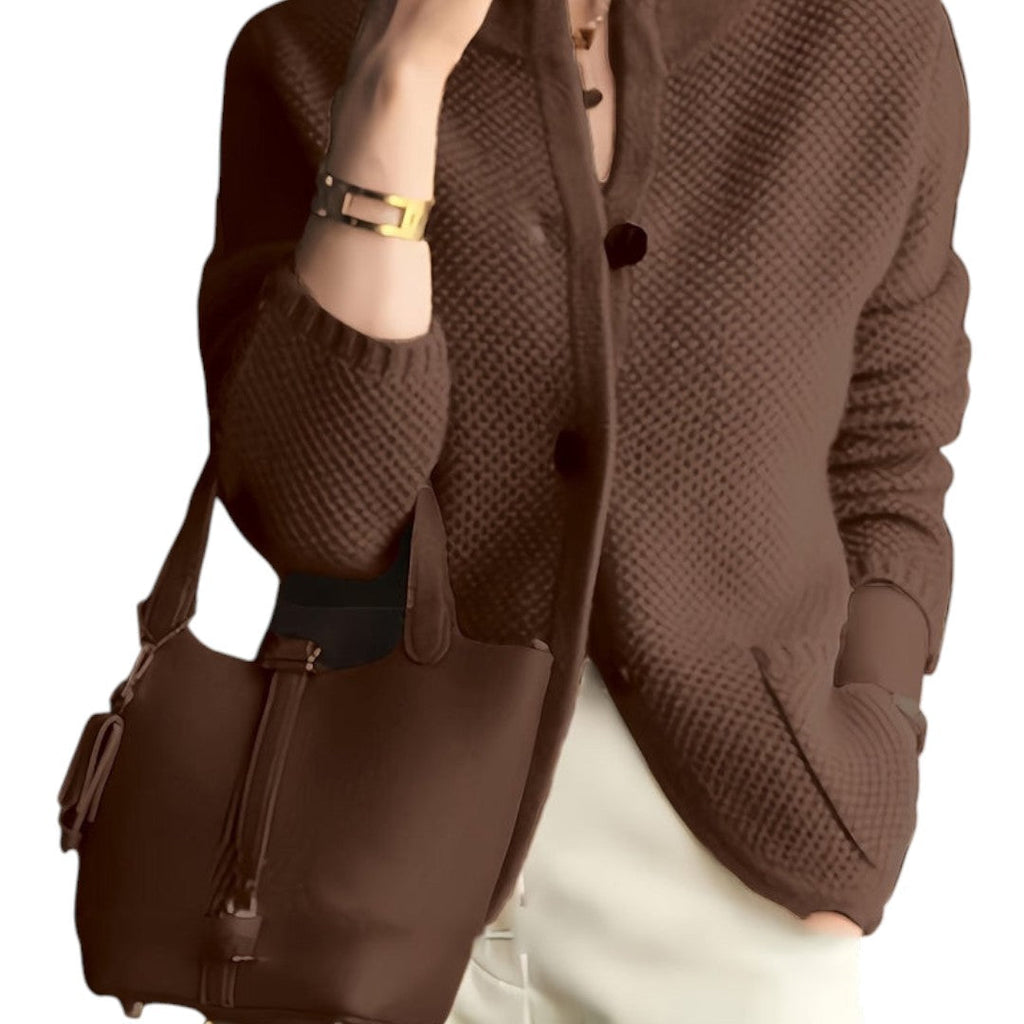 Women’s Knitted Cardigan – Button Front, Long Sleeves, Stand Collar