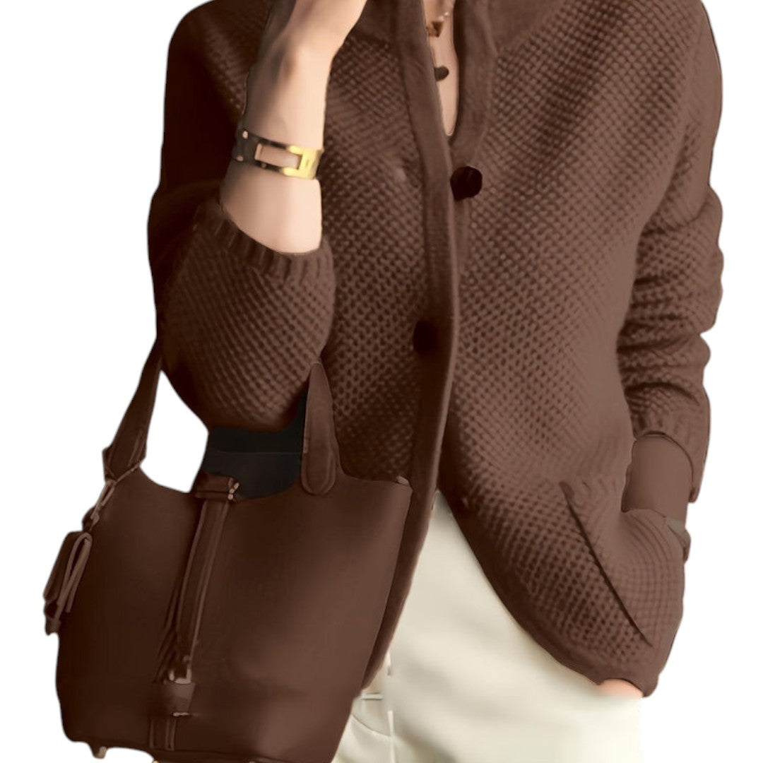 Women’s Knitted Cardigan – Button Front, Long Sleeves, Stand Collar