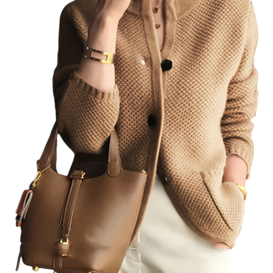 Women’s Knitted Cardigan – Button Front, Long Sleeves, Stand Collar