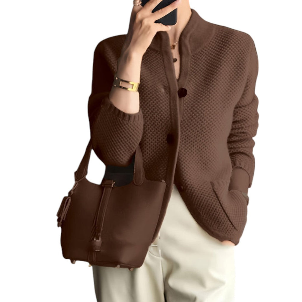 Women’s Knitted Cardigan – Button Front, Long Sleeves, Stand Collar