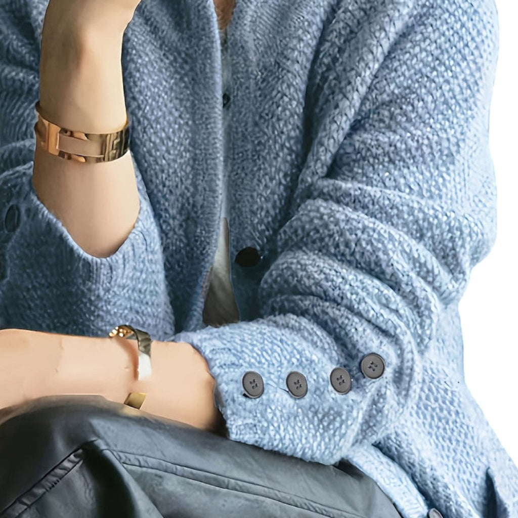 Women’s Knitted Cardigan – Button Front, Long Sleeves, Stand Collar