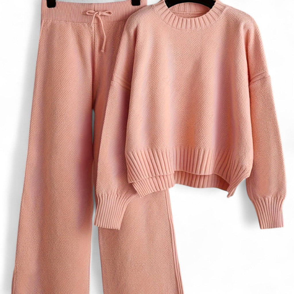 Women’s Knitted Two Piece Set – Long Sleeve Jumper, Wide Leg Trousers, Drawstring Waist