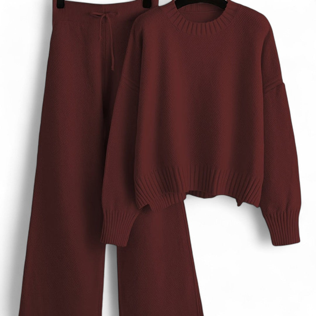 Women’s Knitted Two Piece Set – Long Sleeve Jumper, Wide Leg Trousers, Drawstring Waist
