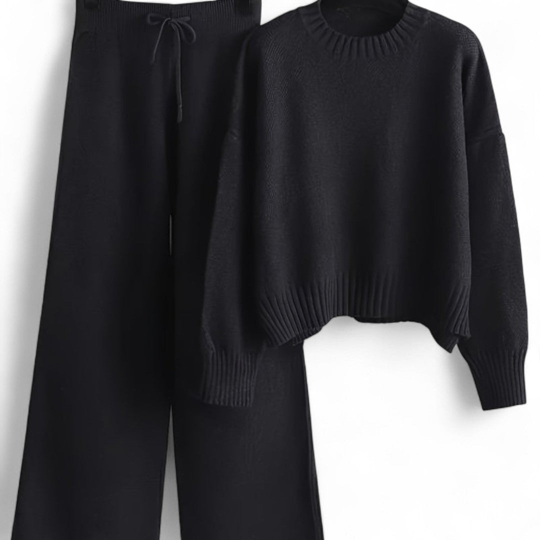 Women’s Knitted Two Piece Set – Long Sleeve Jumper, Wide Leg Trousers, Drawstring Waist