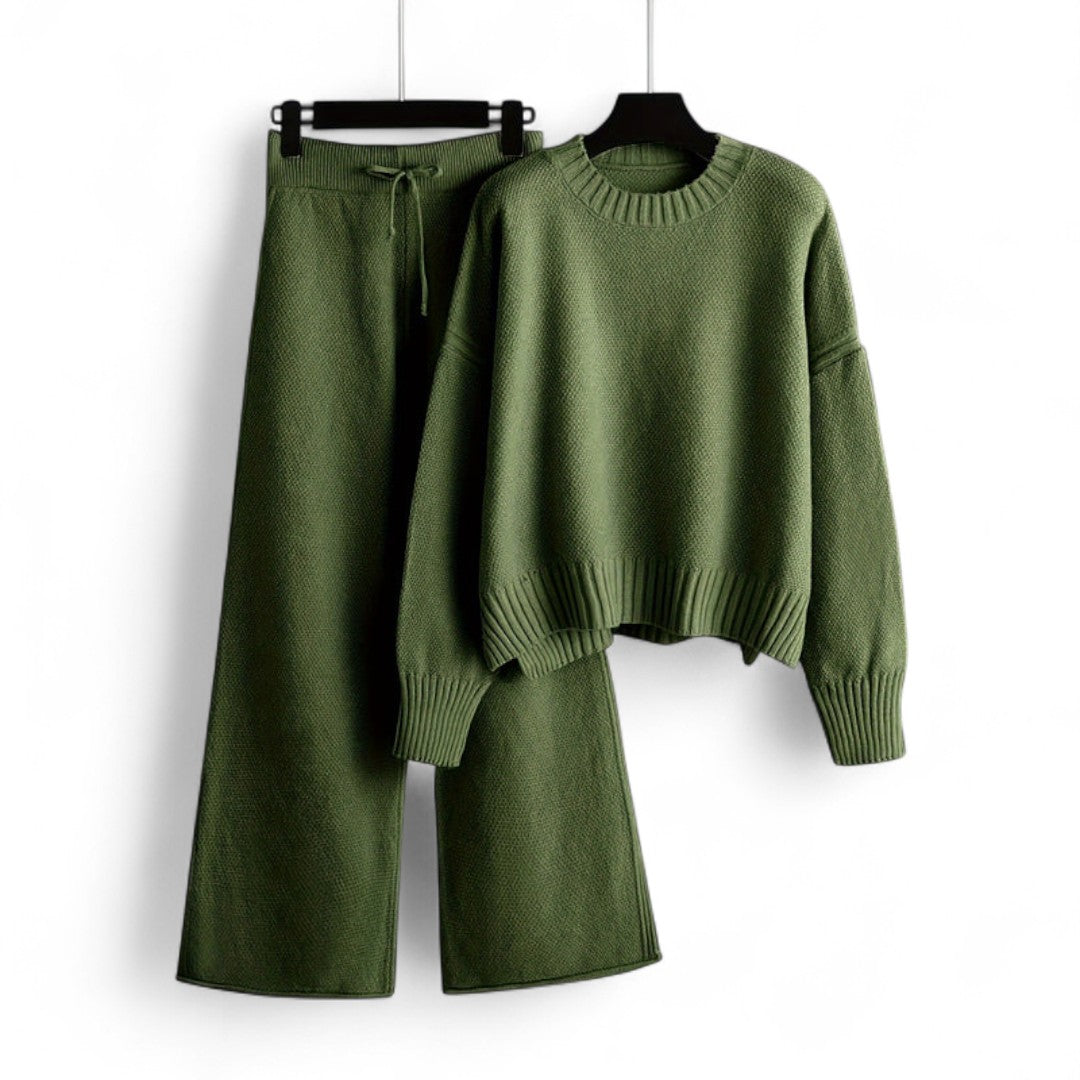 Women’s Knitted Two Piece Set – Long Sleeve Jumper, Wide Leg Trousers, Drawstring Waist